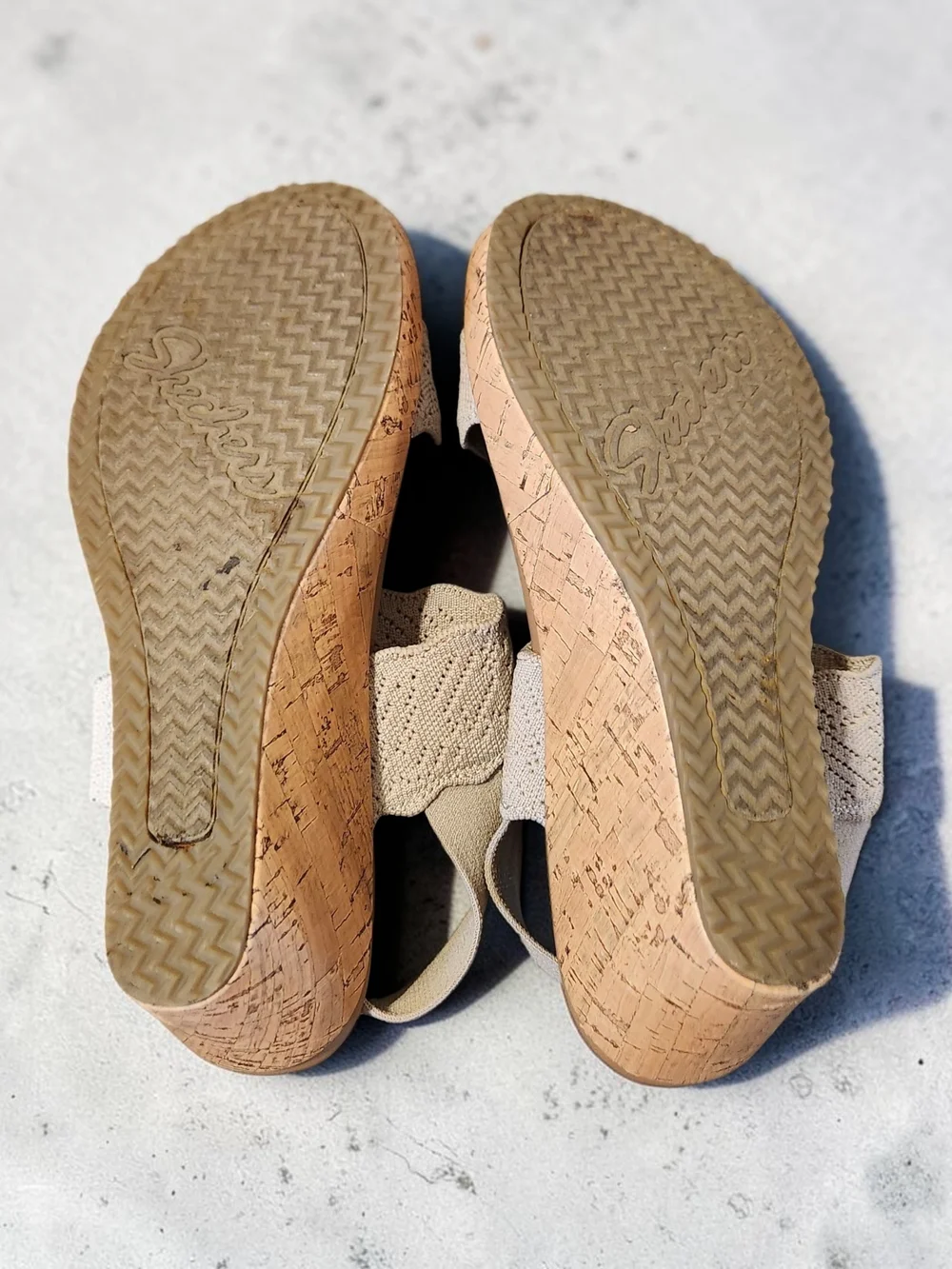 Skechers Beige Knit Cork Wedge Sandals
